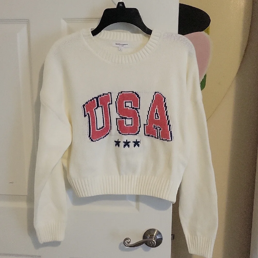Grayson Threads SzLG Cotton Crop White USA Graphic Lg Sleeve Scoop Neck Sweater - Picture 1 of 5